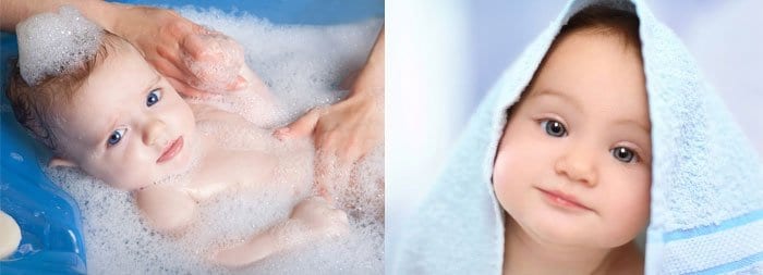 Малыш купается и ребенок после купания в полотенце