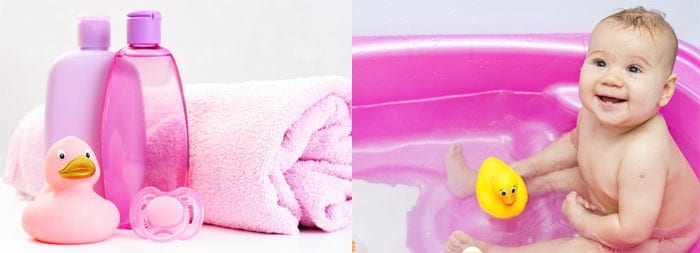 Набор средств для гигиены и девочка в ванночке