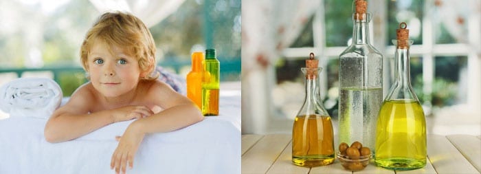 Ребенок на массажном столе и жидкости в бутылках