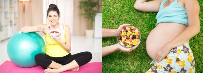 Беременная девушка с фитболом и фруктовым салатом
