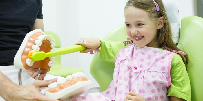 Врач учит девочку  чистить зубы